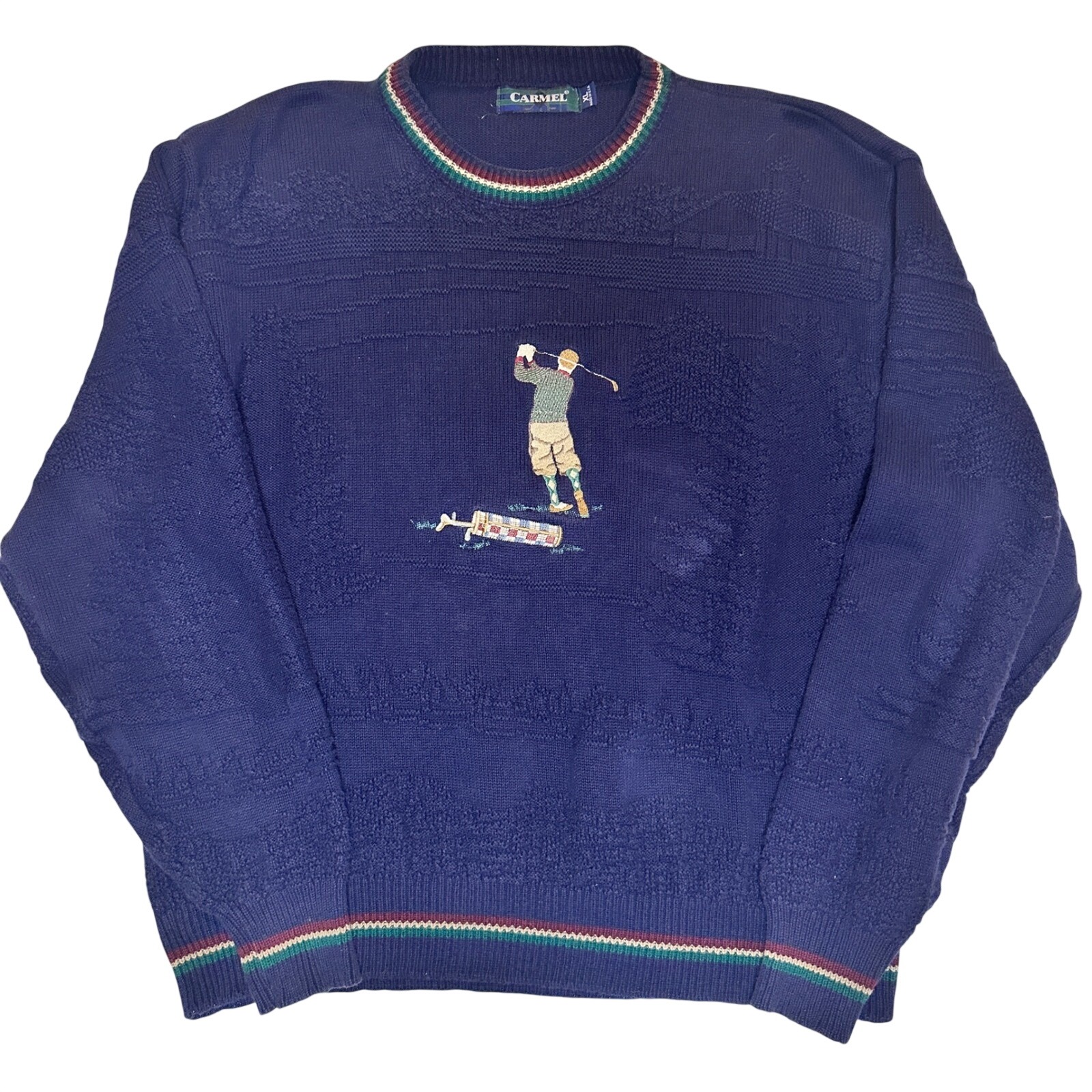 Vtg Carmel Golf Sweater Embroidered Golfer Navy Textured Knit Adult Xl